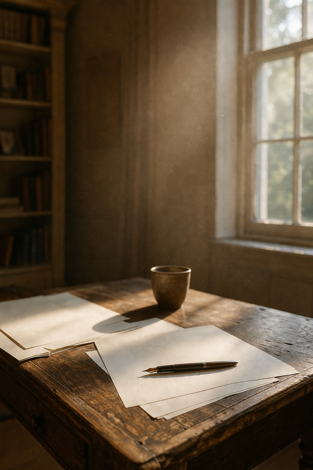 Light streaming through a tall window onto a paper-strewn desk